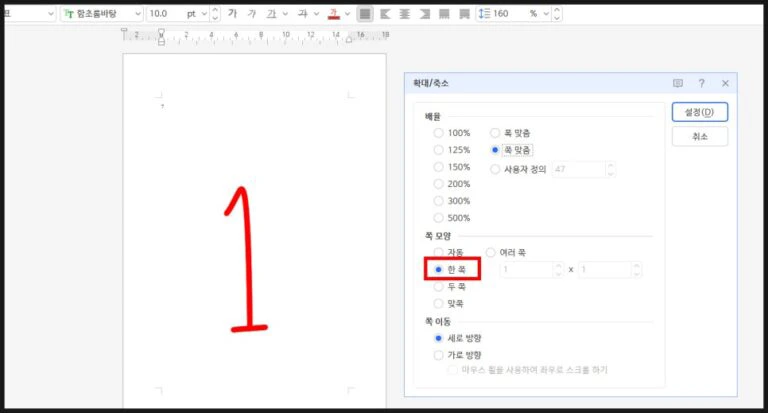한글 프로그램 화면 보기 설정에서 모니터에 한 쪽 화면