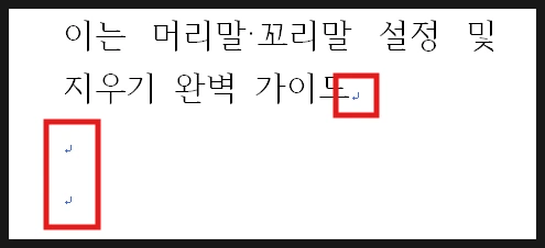 한글 프로그램 보기 메뉴에서 줄바꿈 상태를 확인하기 위해 문단 부호 옵션을 켠 화면