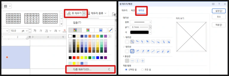 한글 표 채우기 메뉴에서 셀 서식을 지정하여 대각선을 입력하는 가이드 이미지