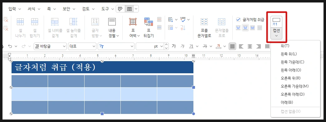한글에서 표를 입력하고 캡션을 설정하면, 표를 추가할 때마다 자동으로 번호가 붙여지며, 표의 이름이나 설명을 함께 이동시킬 수 있다.