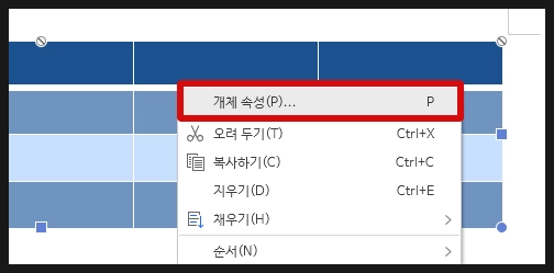 한글 프로그램에서 표 정렬과 레이아웃 깨짐 해결을 위해 개체 속성의 글자처럼 취급을 설정하거나 본문과의 배치를 적용하는 안내 이미지